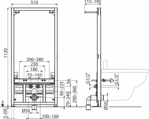 Technische Zeichnung eines Sanitärinstallationssystems mit Massangaben.