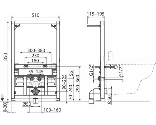 Technische Zeichnung einer Vorwandinstallation mit Maßangaben