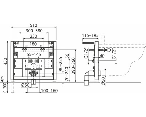 Masszeichnung eines Vorwandelements für ein WC mit den zugehörigen Massen