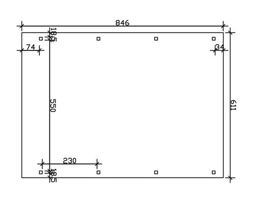 Technische Zeichnung mit Maßangaben: 846 x 611 mm, 550 mm Höhe