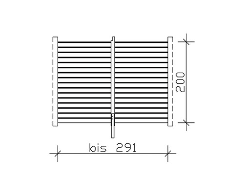 Dessin technique d''un écran d''intimité avec une largeur maximale de 291 centimètres et une hauteur de 200 centimètres