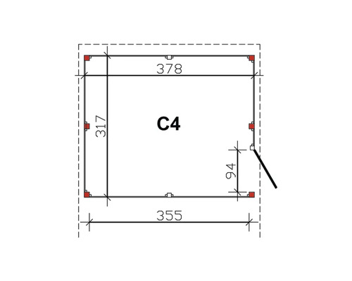 Technische Zeichnung mit Abmessungen eines Gartenhauses Modell C4.