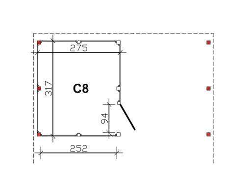 Plan technique d''un abri de jardin C8 avec dimensions