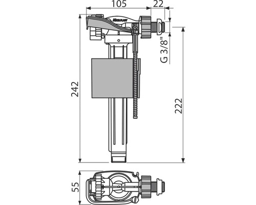 Technische Zeichnung eines WC-Füllventils mit Maßangaben