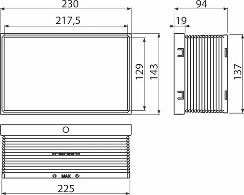Dessin technique d''un boîtier de distribution avec dimensions.