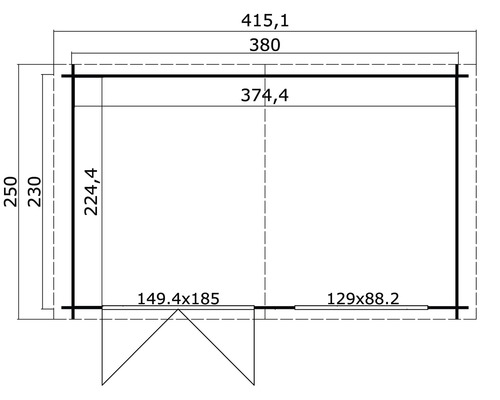 Grundrisszeichnung eines Gartenhauses mit Massangaben