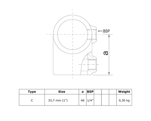 Dessin technique d''un raccord de tuyau type C avec indications de dimensions et de poids