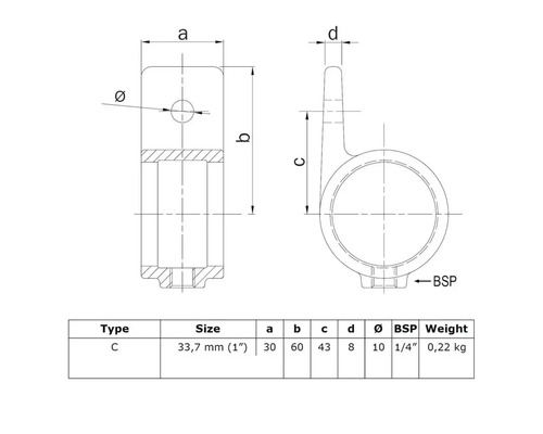 Dessin technique d''un élément de fixation en forme de C avec dimensions