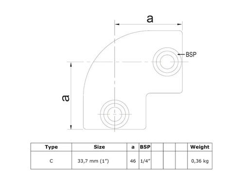 Dessin technique d''un raccord d''angle avec indications de dimensions et de poids.