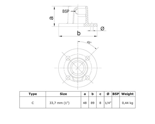 Dessin technique de type C, taille 33,7 mm, 1/4 pouce BSP, poids 0,44 kg