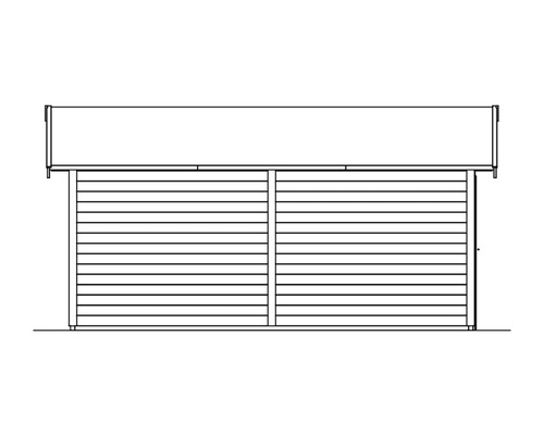 Dessin d''un abri de jardin avec revêtement en bois horizontal.