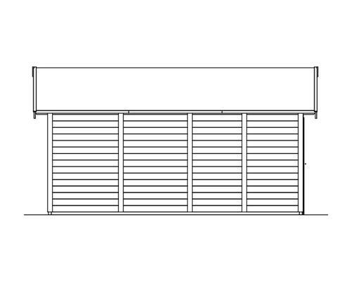 Detaillierte Zeichnung eines Gartenhauses mit horizontaler Holzverkleidung und Dach.