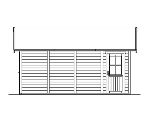 Illustration d''un abri de jardin avec porte en bois et revêtement horizontal en bois