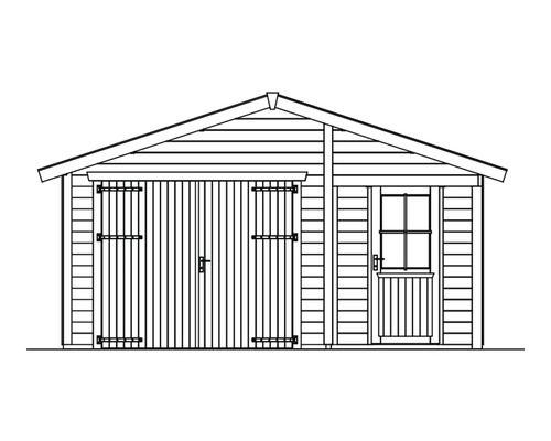 Illustration eines Gerätehauses mit Doppeltür und Seitentür