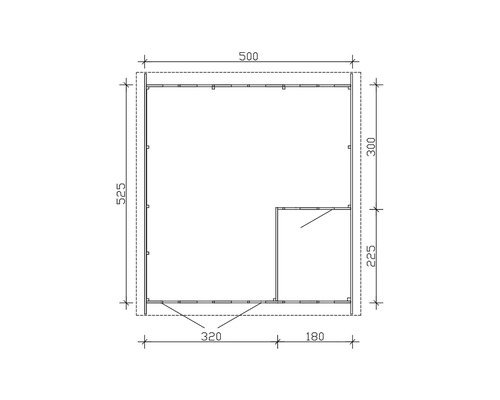 Grundrisszeichnung eines Gartenhauses mit den Maßen 500 x 525 cm