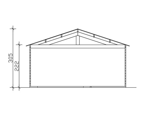 Skizze eines Gartenhauses mit Maßangaben für Höhe und Breite.