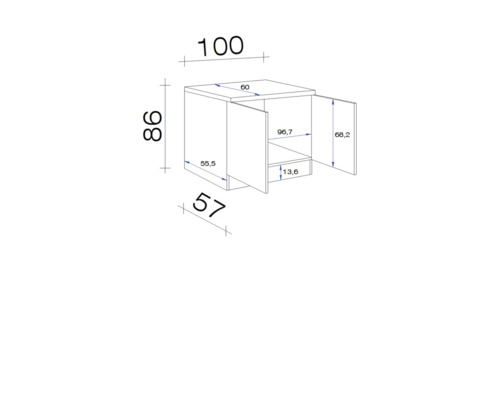 Schéma technique d''un meuble bas de salle de bains avec dimensions