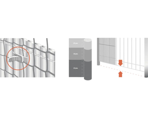 Illustration eines Sichtschutzzauns mit Montageanleitung und Stückzahlen.