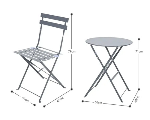 Gartenset mit Klappstuhl und rundem Tisch mit Maßangaben