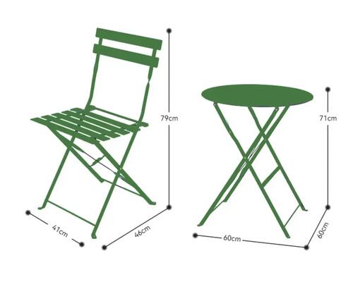 Klappbarer Gartentisch und Stuhl mit Maßangaben