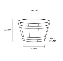 Illustration eines Pflanzgefäßes mit den Maßen 39,5 cm Breite, 22,5 cm Höhe und 31,7 cm Tiefe sowie einem Volumen von 21 Litern.