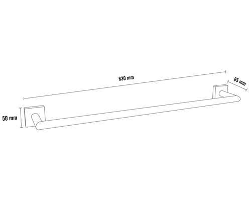 Handtuchhalter mit den Maßen 630 mm Länge, 50 mm Höhe und 85 mm Breite.
