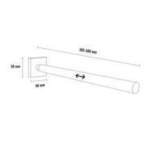 Technische Zeichnung einer ausziehbaren Stange mit den Maßen 305 bis 500 Millimeter und quadratischer Halterung von 50 mal 50 Millimeter