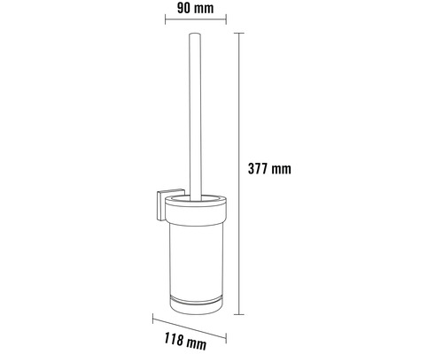 Masse einer Wand WC Bürstengarnitur mit einer Höhe von 377 mm, einer Breite von 118 mm und einer Tiefe von 90 mm.