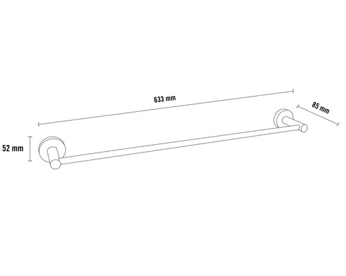 Porte-serviettes avec dimensions de 633 mm de longueur, 52 mm de hauteur et 85 mm de profondeur.