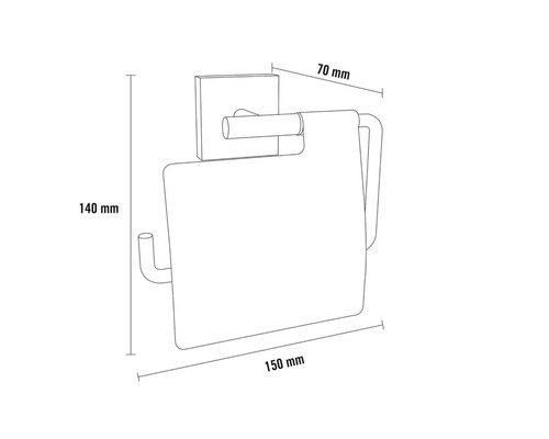 Dessin technique d''un porte-papier toilette avec des dimensions de 70 mm de profondeur, 140 mm de hauteur et 150 mm de largeur.