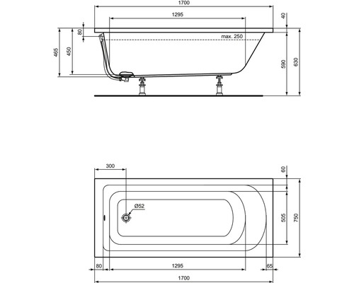 Schéma technique d''une baignoire avec dimensions.