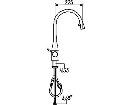Technische Zeichnung einer Küchenarmatur mit den Maßen 225, M33 und 3/8 Zoll.