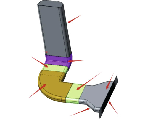 Tuyau de ventilation en forme de L avec plusieurs sections et des flèches pointant vers des détails.