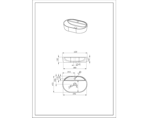 Schéma technique d'un lavabo à poser avec cotes