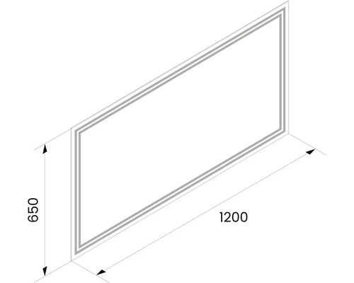 Schéma d''un miroir mesurant 650 x 1200 millimètres.
