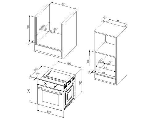 Schéma technique d''un four avec dimensions pour l''installation dans un meuble de cuisine
