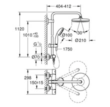 Dessin technique d''une robinetterie de douche avec indications de mesure.