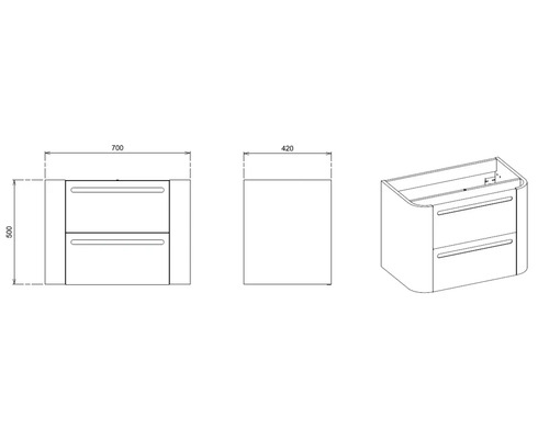 Zeichnung eines Waschtischunterschranks mit zwei Schubladen und Maßangaben.
