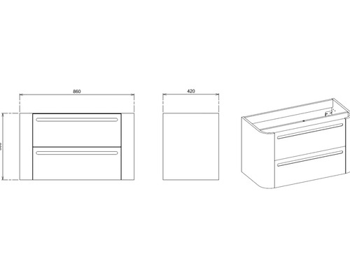 Dessin technique d''un meuble sous-lavabo avec deux tiroirs et indications de dimensions