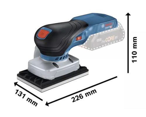 Ponceuse vibrante sans fil Bosch Professional avec des dimensions de 226 mm de long, 131 mm de large et 110 mm de haut