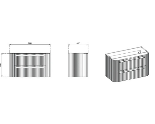 Dessin d''un meuble sous-lavabo avec des dimensions de 860 x 420 x 500 millimètres.