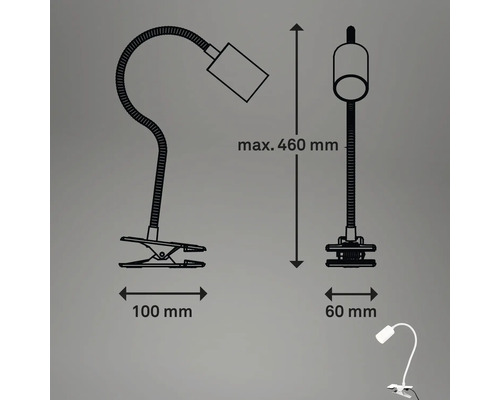 Technische Zeichnung einer Klemmleuchte mit den Massangaben: Maximale Höhe 460 Millimeter, Klemmbreite 100 Millimeter und 60 Millimeter.