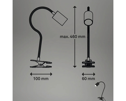 Technische Zeichnung einer Klemmleuchte mit den Maßen 100 mm, 60 mm und maximal 460 mm