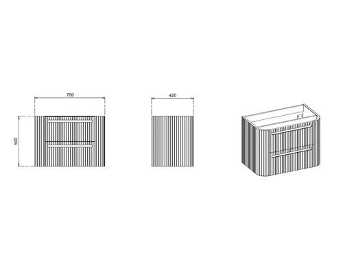Schéma technique d''un meuble sous-lavabo avec tiroirs, dimensions 700x420x500 mm