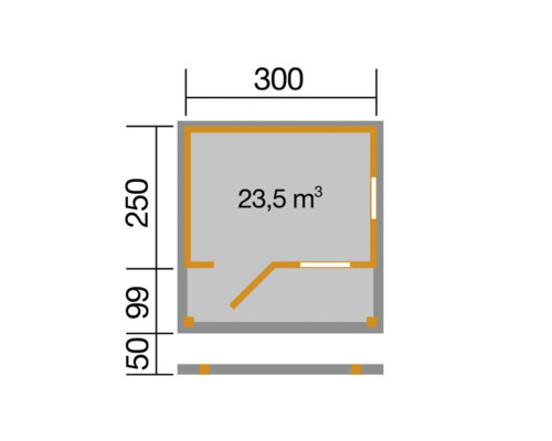 Plan d''un abri de jardin mesurant 300 sur 250 centimètres avec un volume de 23,5 mètres cubes.
