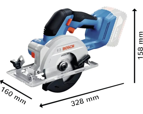 Bosch Akku Handkreissäge mit den Maßen 160 mm x 328 mm x 158 mm