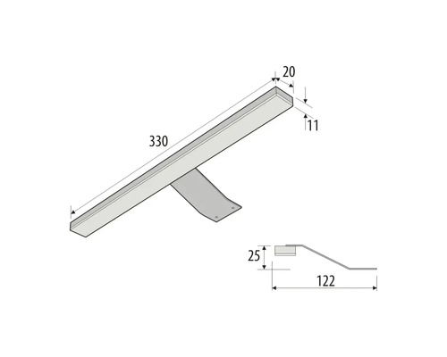 Technische Zeichnung eines 330 Millimeter langen Metallwinkels mit den Maßangaben 20 mal 11 Millimeter