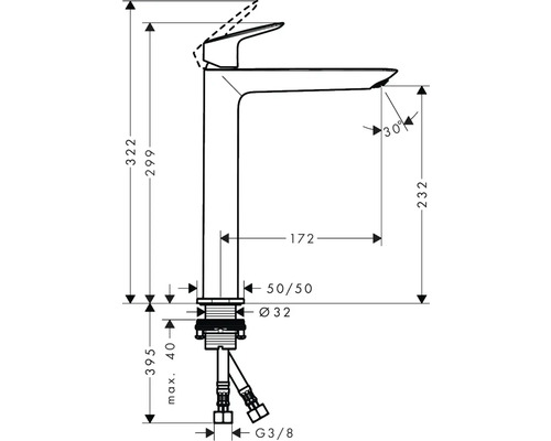 Technische Zeichnung eines Wasserhahns mit Maßangaben