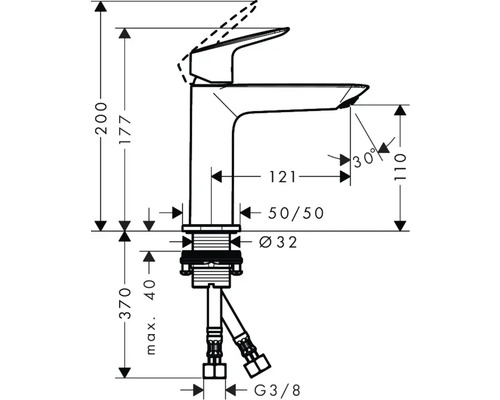 Technische Zeichnung einer Waschtischarmatur mit Maßangaben