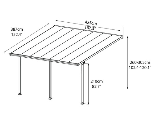 Technische Zeichnung einer Terrassenüberdachung mit Massangaben